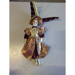 Vintage Porcelain Jester Harlequin Doll Burgundy Gold Velvet Mardi Gras Clown